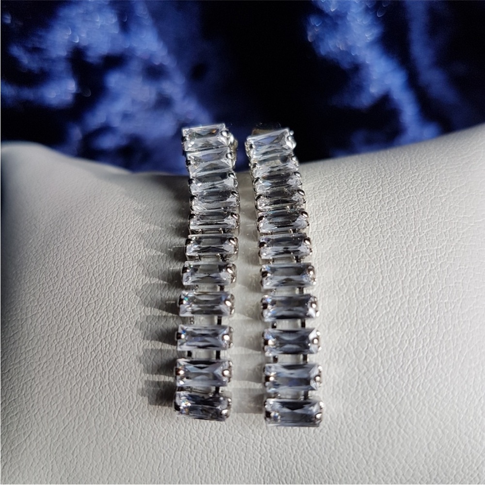 Swarovski Elements 925 Sterling Silver Baguette Tennis Earrings NEW